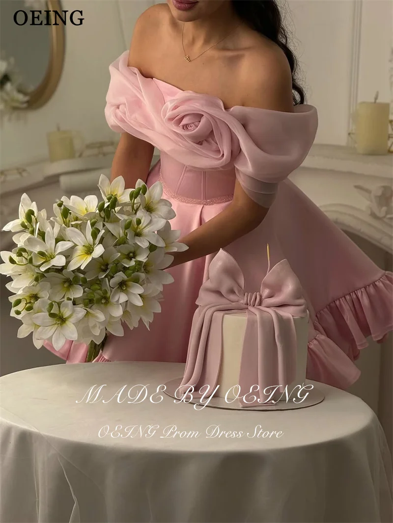 BOEING Prinzessin A-Linie Prom Kleider Rosa Off Schulter 3D Blumen Satin Geraffte Rüschen Geburtstag Party Kleider vestidos Angepasst