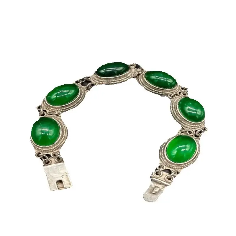 

Chinese Old Craft Made, Green jade inlaid with Xizang silver, bracelet