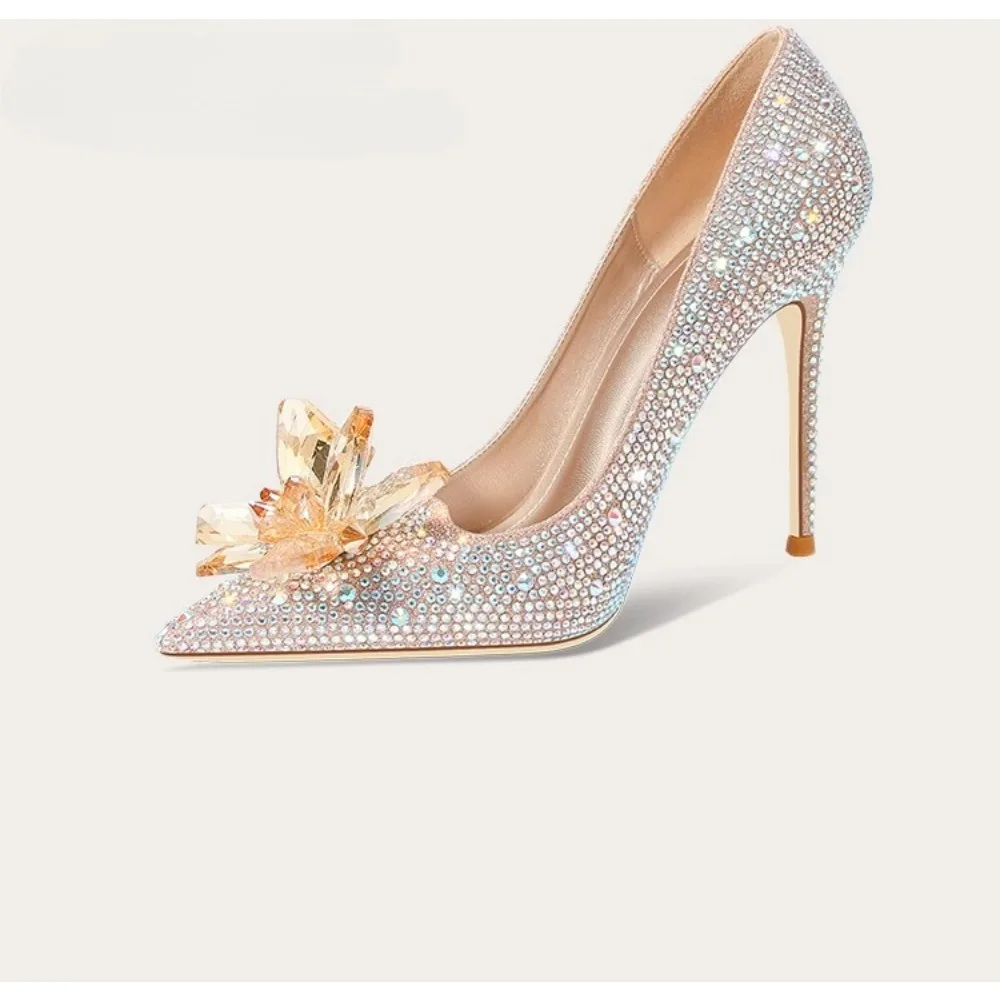 

Elegant Champagne French Crystal Flower Wedding High Heels for Brides Comfortable Two-Way Design