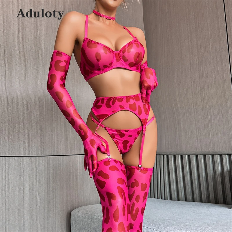 Aduloty Women Sexy Polka Dot Underwear Summer Thin Mesh Perspective Erotic Lingerie Leopard Underwire Bra Gloves Leg Socks Set