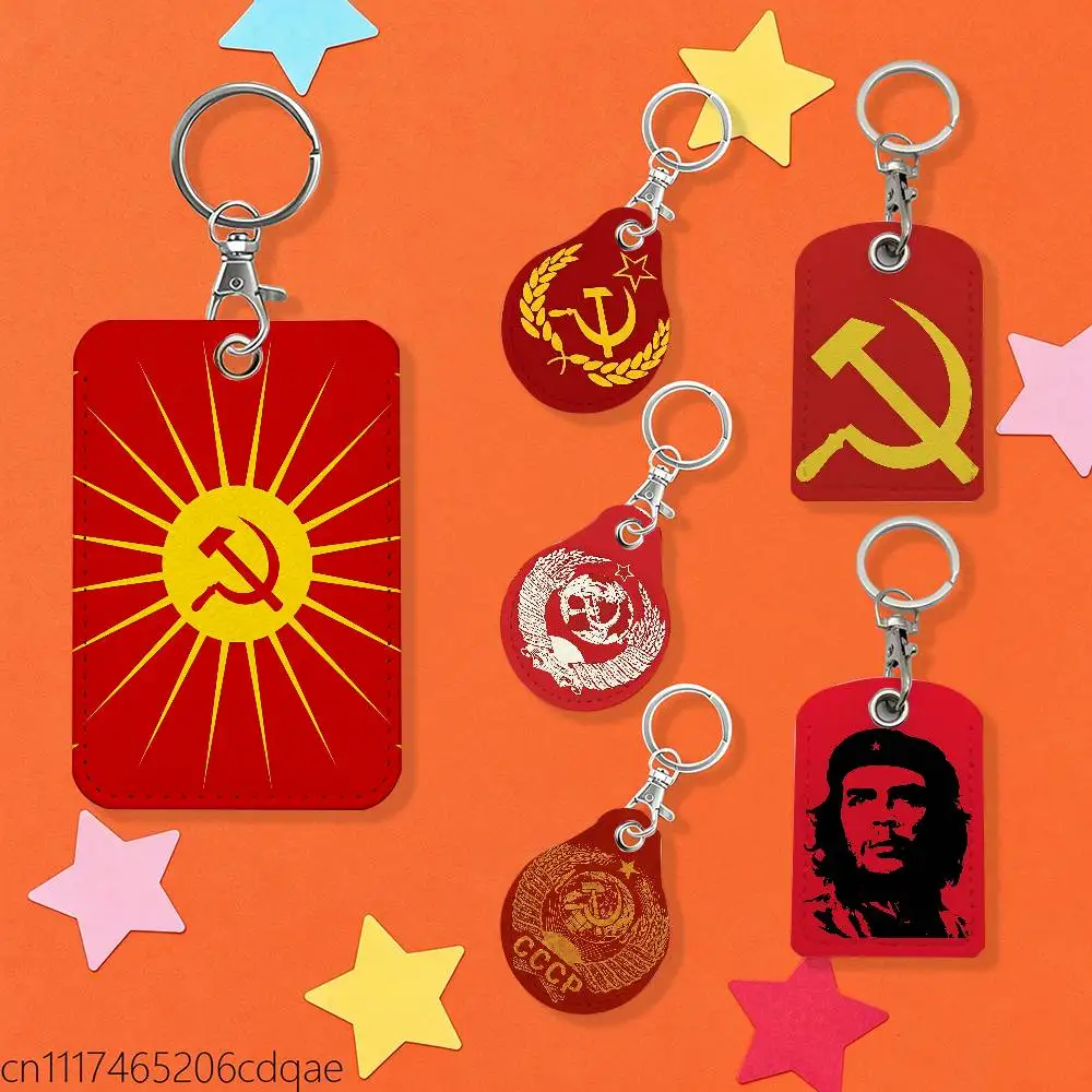 Russian USSR CCCP 1pcs Leather Card Holder With Key Ring Water Drop Shaped Key Case Keychain Doorlock Accessories