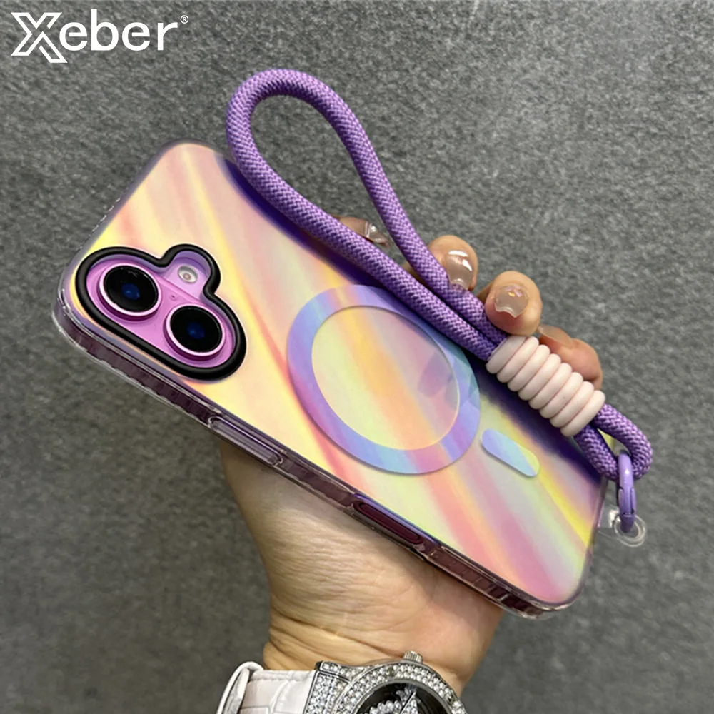 مع الحبل الليزر المبهر ل Magsafe جراب هاتف آيفون 15 16 زائد 12 13 14 برو ماكس 11 التدرج متجمد الغطاء الواقي