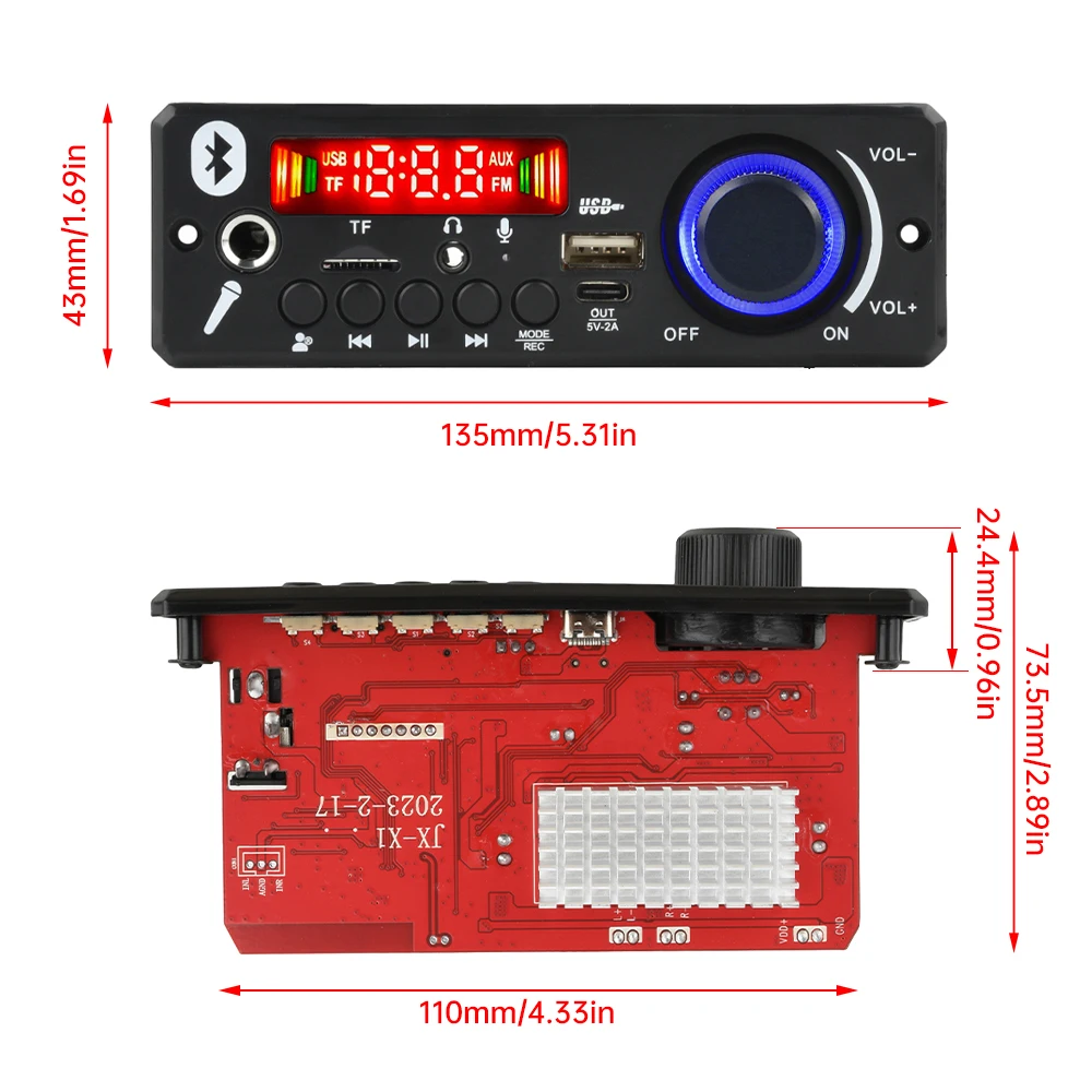 2*80W Amplifier Bluetooth 5.0 MP3 Decoder Board 12V Car MP3 Player USB FM Recording Folder Switching Microphone Handsfree Contro