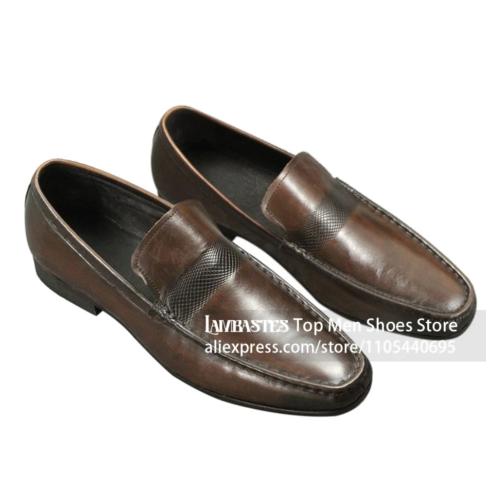 Vintage Burnished Casual Loafers Almond Square Toe Leather Shoes Embossed Textured Decor Strap Dress Shoes for Men Wedding Shoes