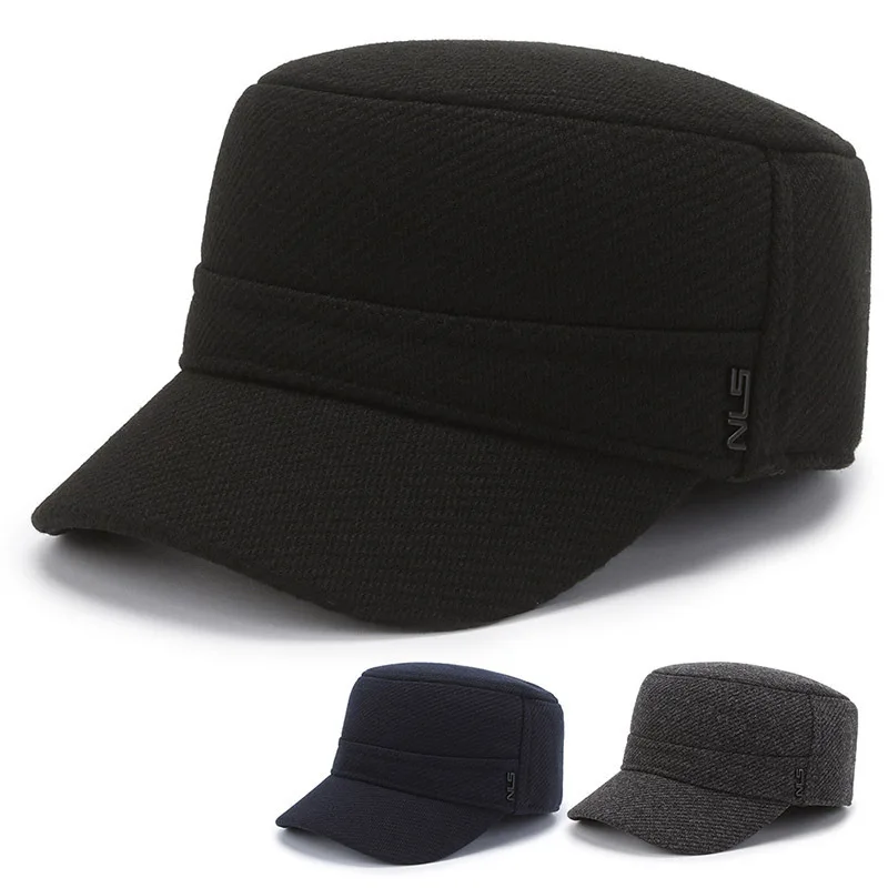 

Winter Flat Top With Fleece Lining Thickened Dad Caps Men Outdoor Hat Woolen Cotton Hat Outdoor Warm Ear Protection Hat For