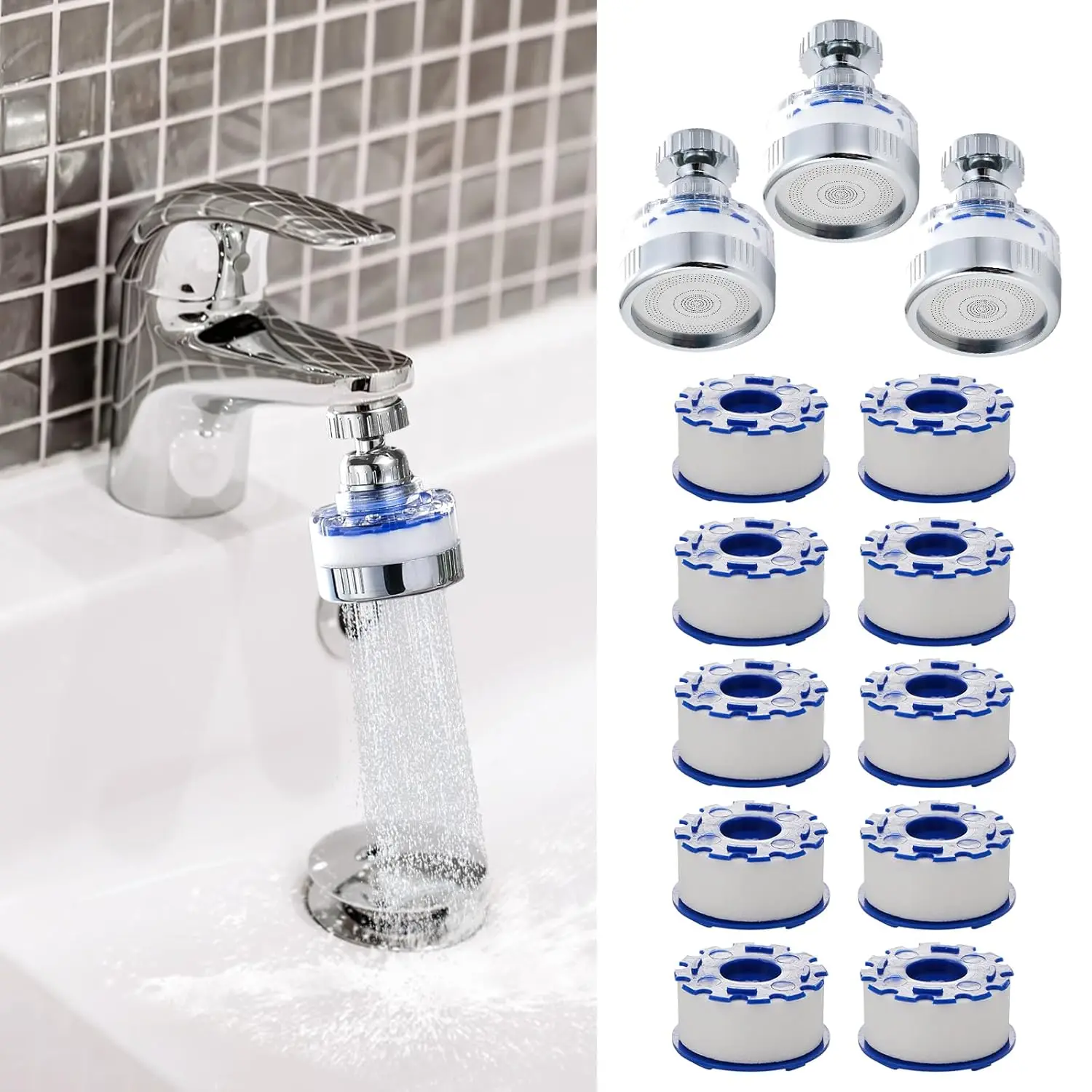 

13-Piece Sink Water Filter Set, 360° Rotating Faucet Filter Removes Chlorine & Fluoride, Universal Fit for Round Faucets