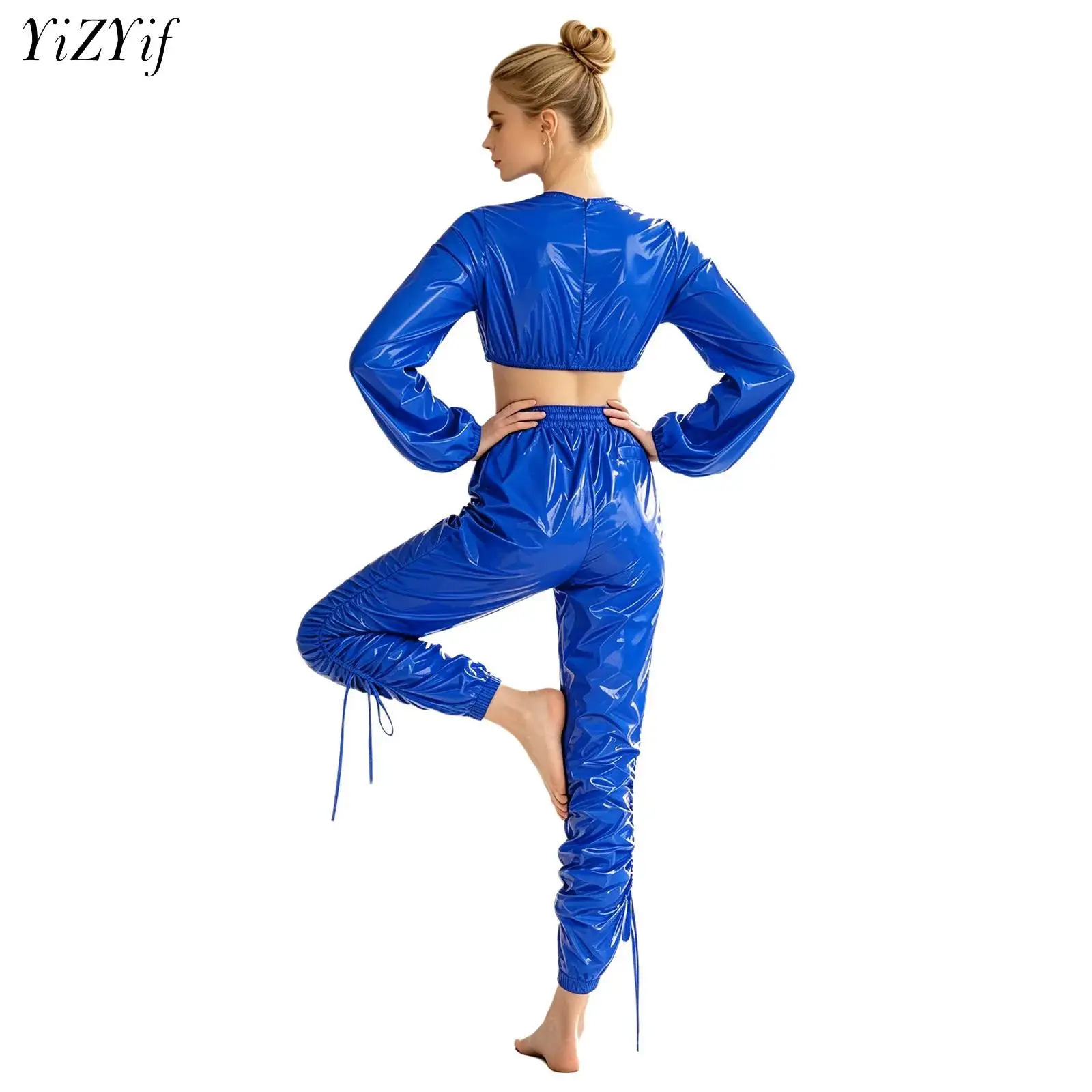 Womens Vinyl Waterproof Sport Sweat Suit Glossy Long Sleeve Crop Top with Elastic Waistband Capri Pants for Gym Workout Fitness