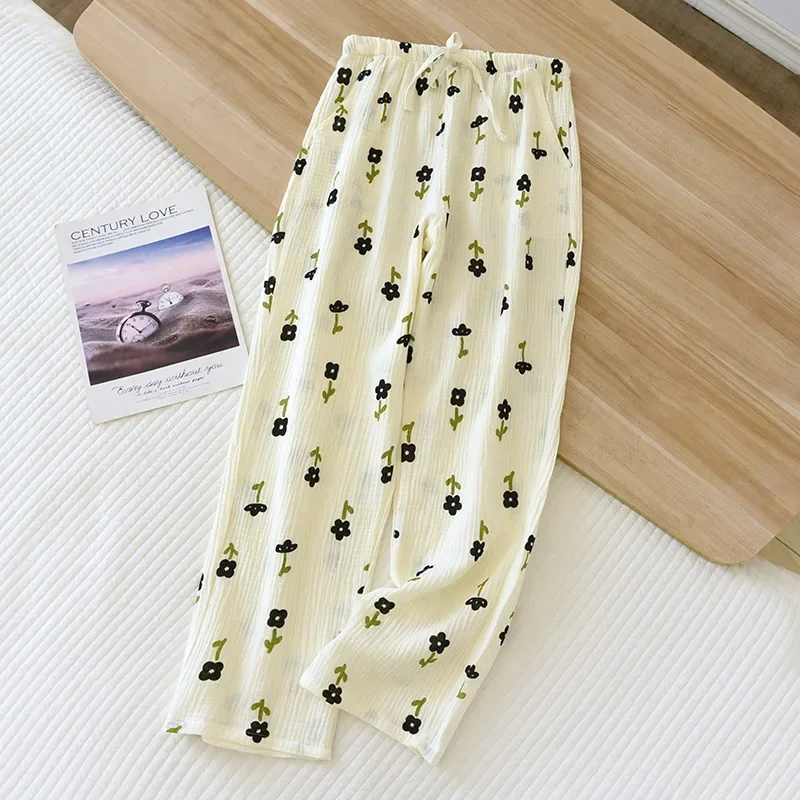 2024 Japanese Spring/Summer New Women\'s Pajama Pants 100% Cotton Crepe Pants Sweet and Cute Pajama Pants Ladies Loose Home Pants