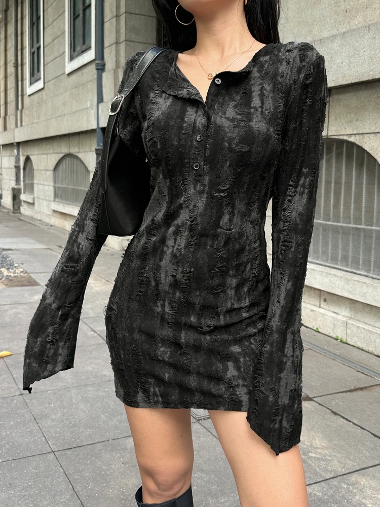 فساتين راقية داكنة للنساء للخريف برقبة دائرية وأكمام طويلة تنورة ضيقة ضيقة بتصميم محكم بتصميم كلاسيكي أنيق