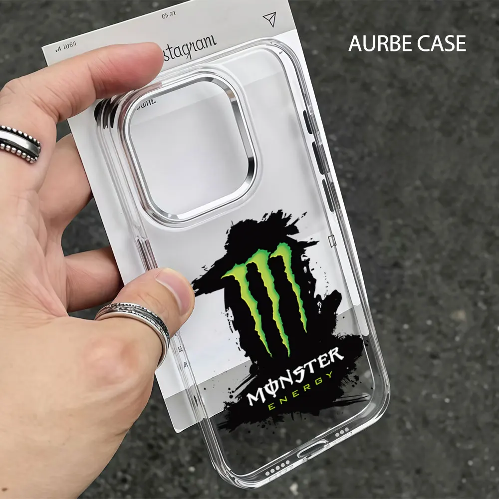 Funda Aurbe para iPhone 17 16 15 14 13 12 11 Pro Max 16E, Marco Plateado para la Lente, Carcasa Transparente, M-Monster-E-Energys-S