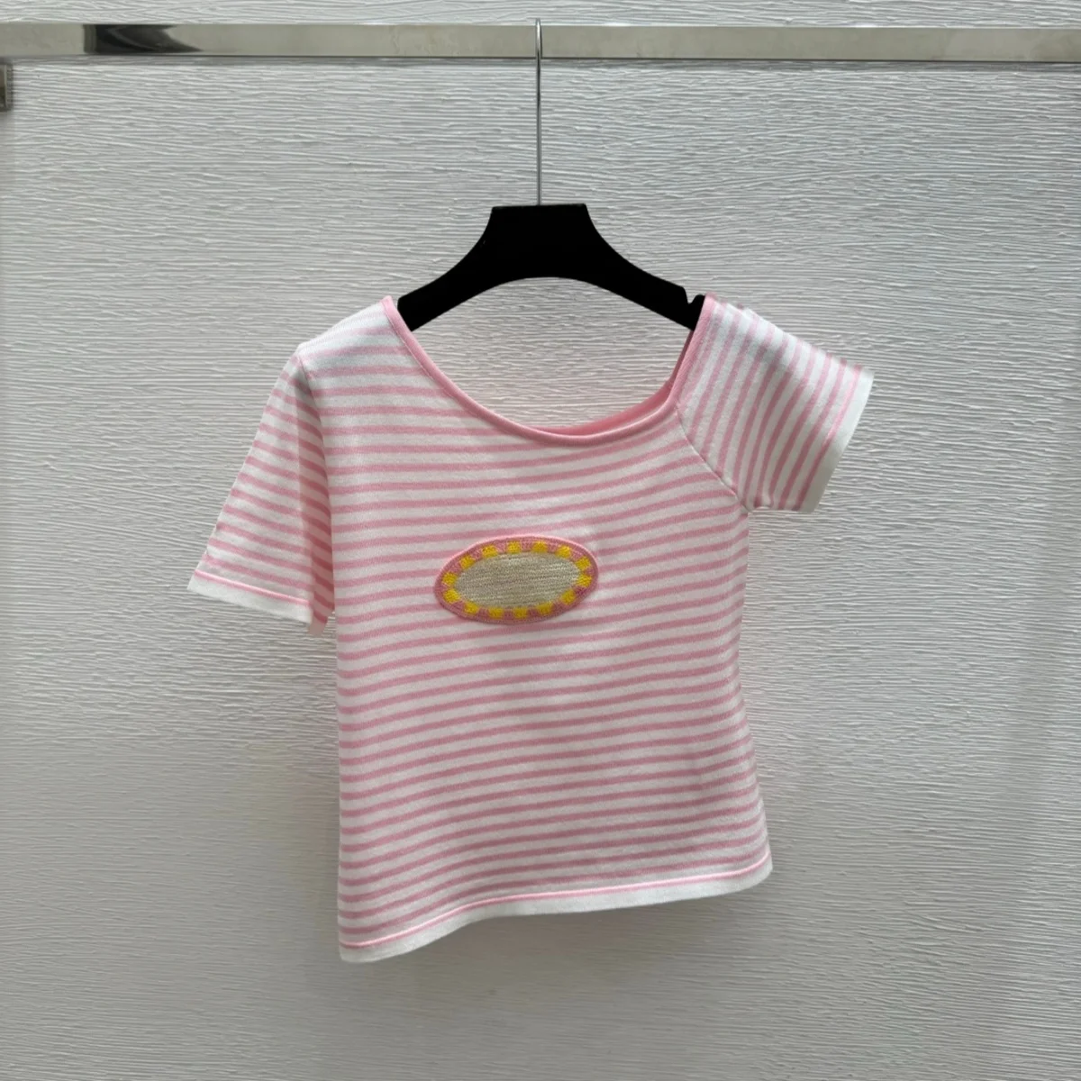2026 High quality women's clothing striped embroidery patch short knitted short sleeves--hb805