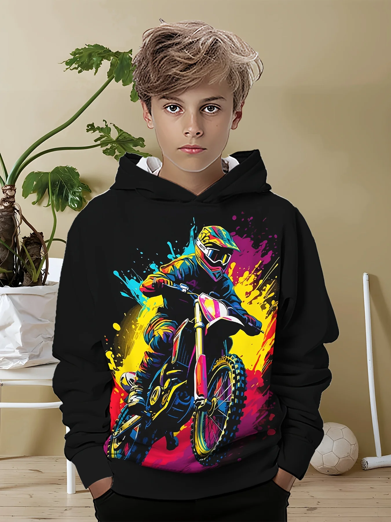 

new fashionable children's casual hoodie, 3D printed motorcycle racer pattern, daily wear, soft texture, comfortable touch