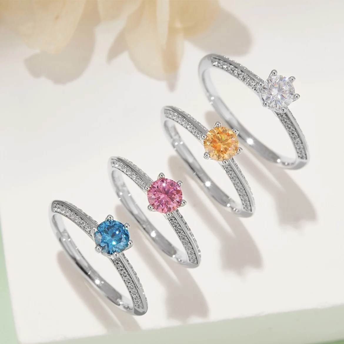 

S925 Ring Sterling Silver 0.5CT White Pink Yellow Blue Moissanite White Gold Plated Rings