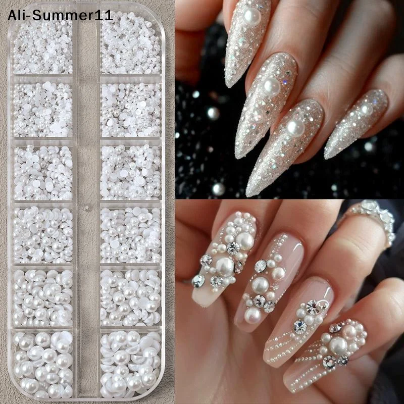 

【B11】12 Grids Half Round Bead 3D Nail Charms 1.5/2/2.5/3/4/5 Mm White Flatback Pearls Nail Jewelry Nail Craft Pearl Rhinestone