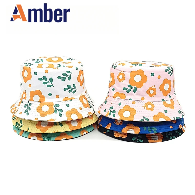 

Amber Children Bucket Hat Flower Print Fisherman Hats Girl Kids Panama Cap Cartoon Double Sides Child Caps Summer Sun Outdoor