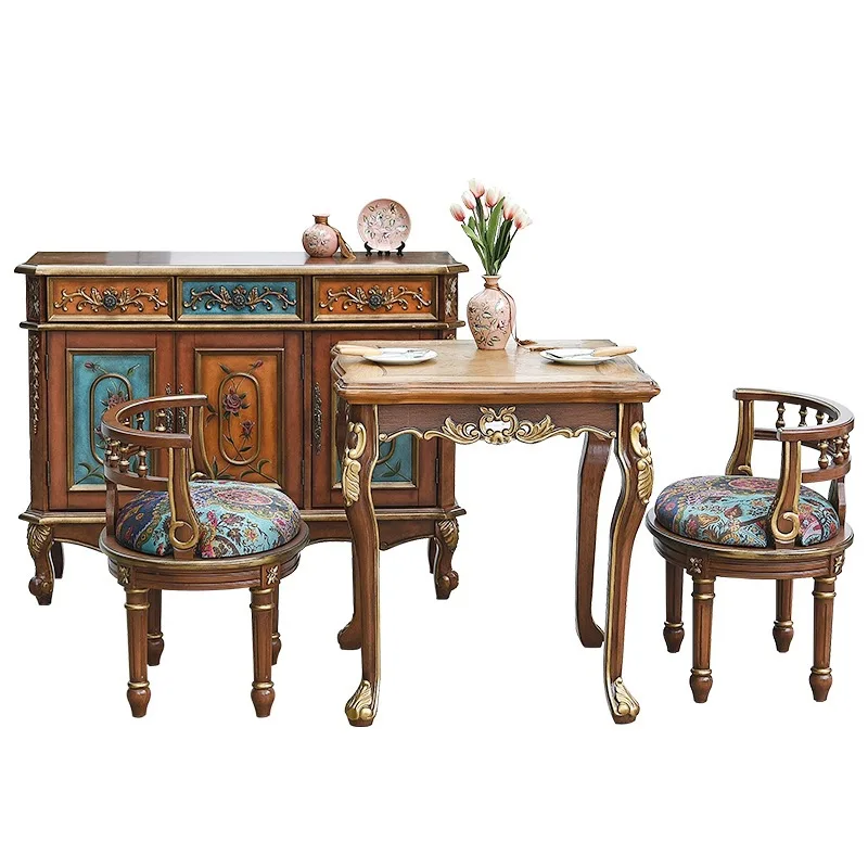 

American retro solid wood dining table and chair combination household quality small apartment water-based paint log color