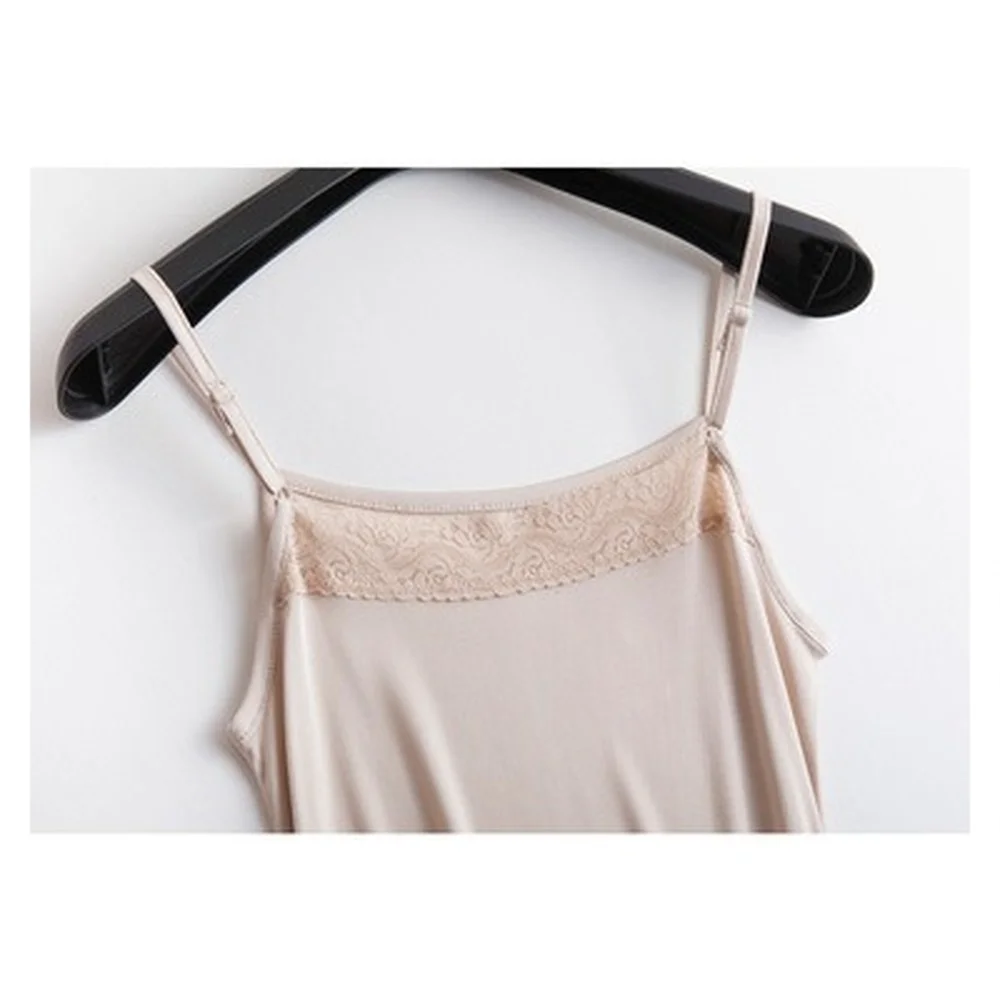 Camisón de seda de morera Natural para mujer, falda larga y Sexy de encaje con tirantes, forrada con fondo