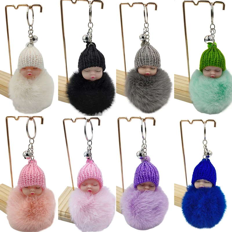 Multi-colored Knitted Hat Wear Fluffy Sleeping Baby Keychains Plush Doll Keyring Bag Accessories Hanging Holder Fashion Decor