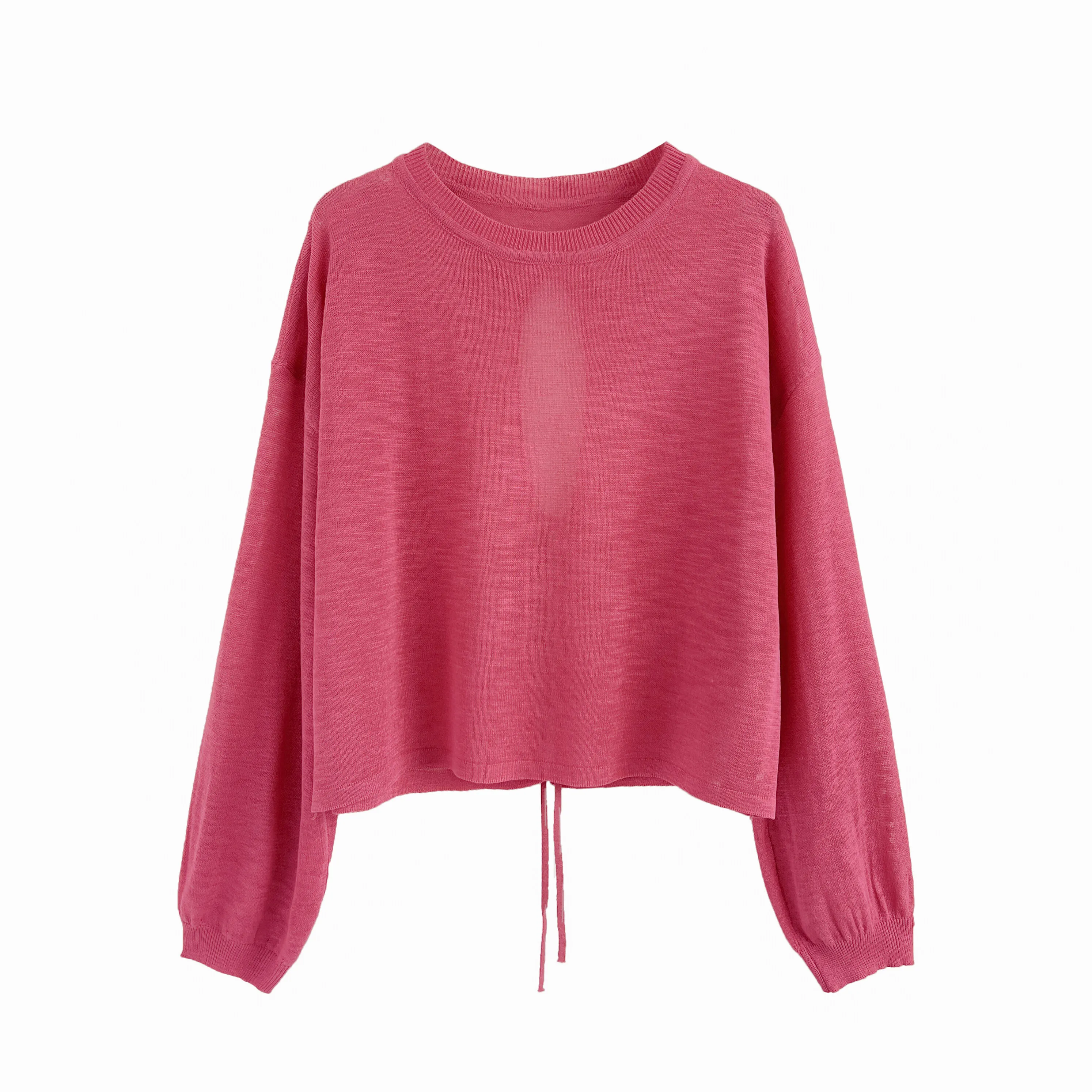 تي شيرت نسائي فضفاض بأكمام طويلة محبوك بلون نقي