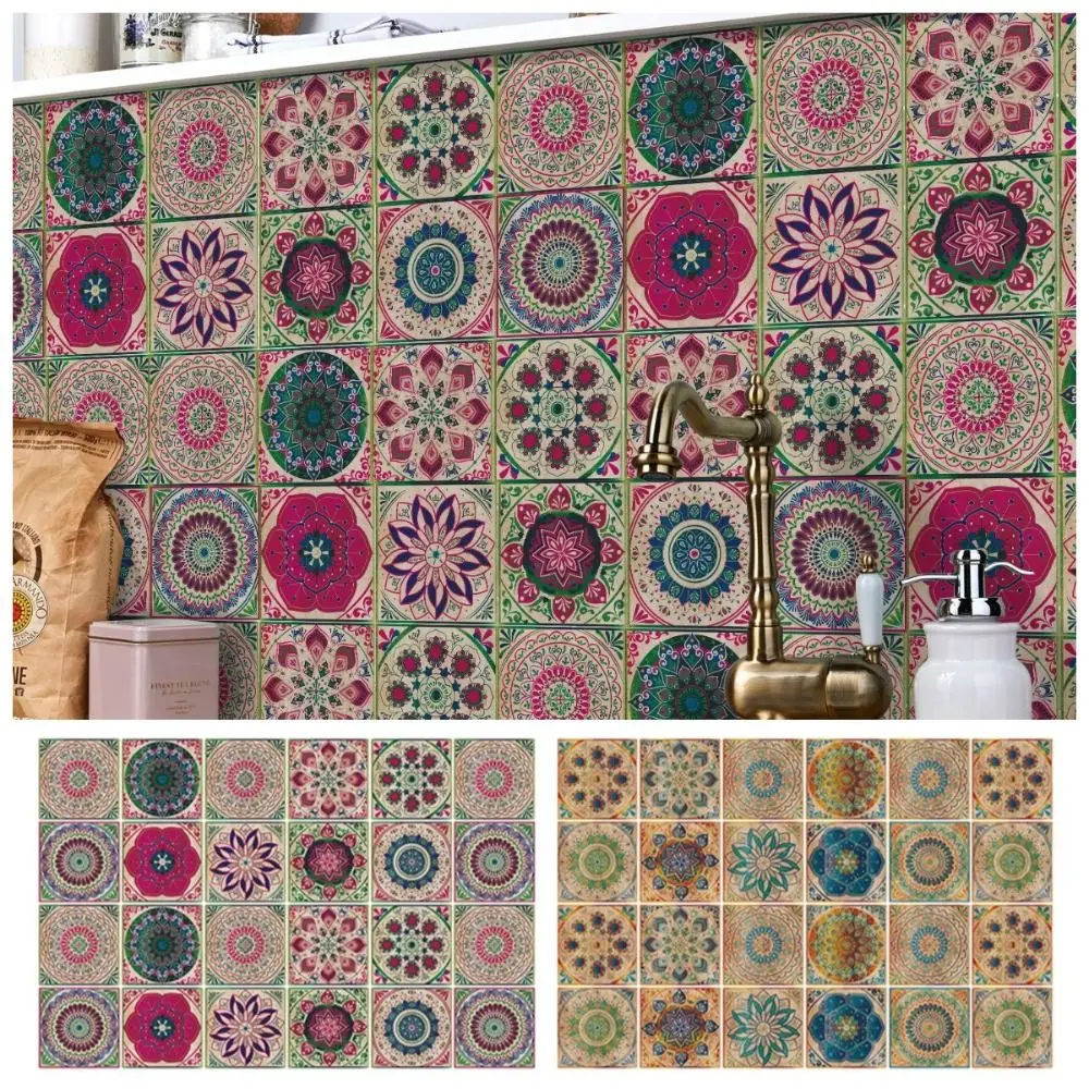24Pcs/Set Mandala Style Ceramics Wall Sticker 10/15/20cm Vintage Tile Decoration Film Moisture-proof Self Adhesive