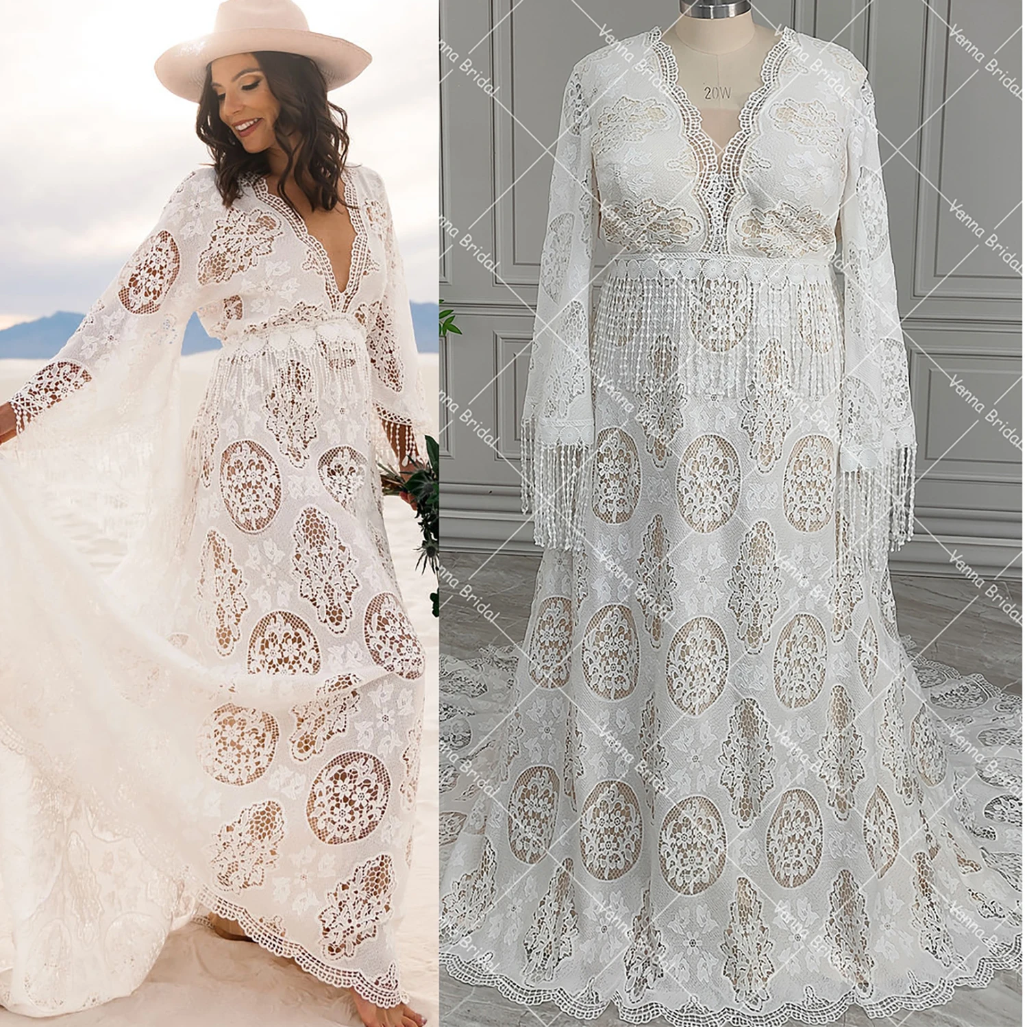 Abito da sposa premaman in pizzo Boho personalizzato Beach Elopement Plus Size Maniche lunghe svasate Una linea Abiti da sposa con scollo a V senza schienale