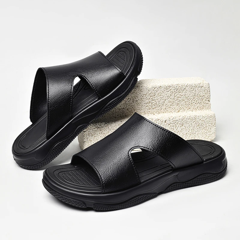 Men's Leather Slide Sandals Non-slip Thick Sole Casual Slippers Summer Outdoor Beach Shoes Breathable Lightweight Footwear