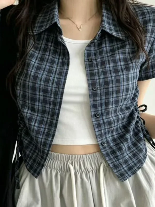 

Korean Style Slim Fit Neck Short Sleeve Plaid Shirt Women's Summer New Design Drawstring Waist Unique Fashion Top