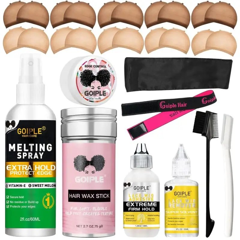 Schmelzspray für Spitzenfront, unsichtbarer Perückenkleber, wasserdichter Bond-Klebstoffentferner, Kantensteuerungsgel, Wachsstift, Perückenkappen, Styling-Set