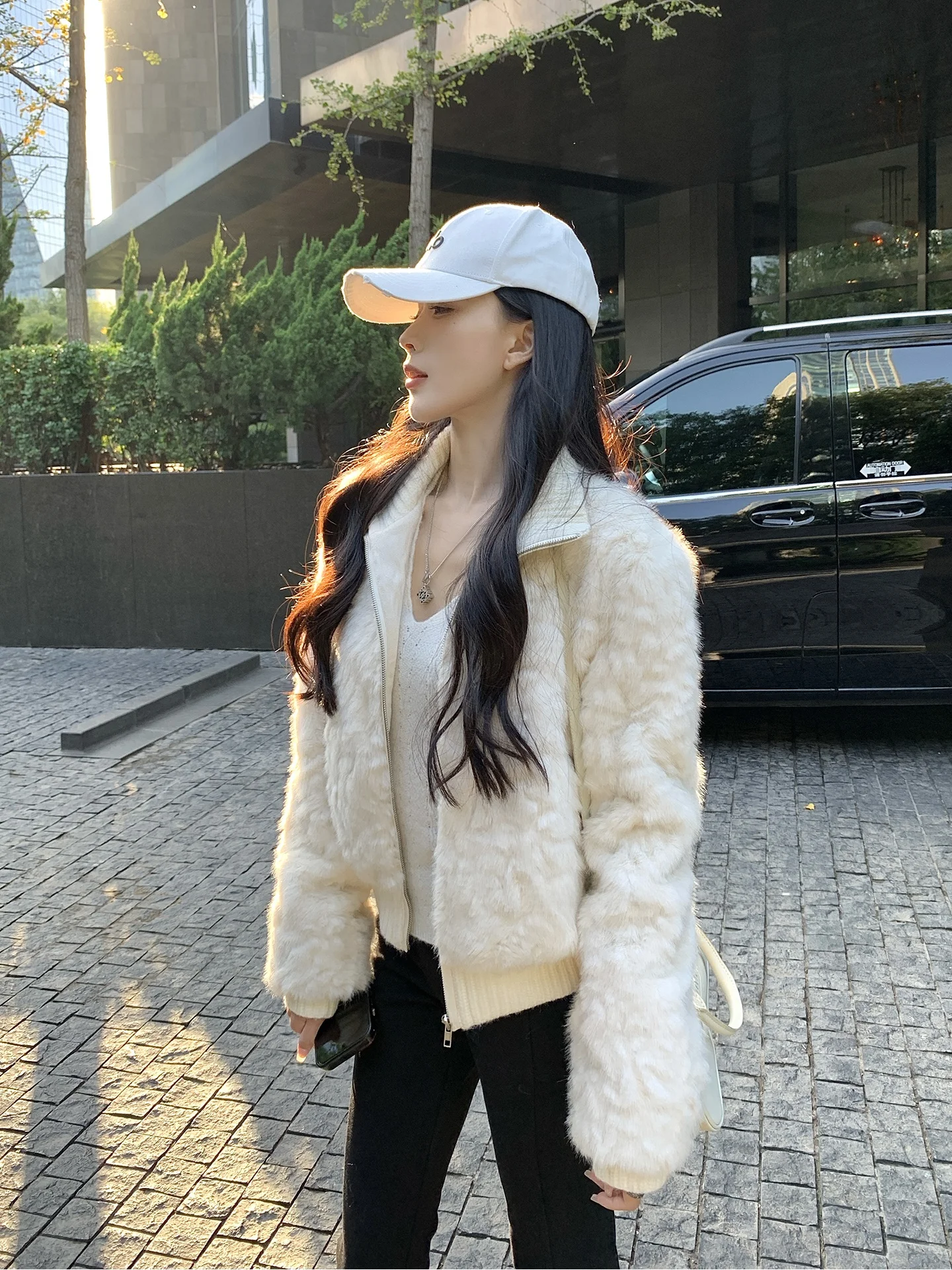 Jaqueta Branca de Pelúcia Versão Jovem, Acolchoada e Quente, com Forro de Pelo, He Chenxi, Casual, Ajuste Slim, Fibra de Poliéster, com Zíper