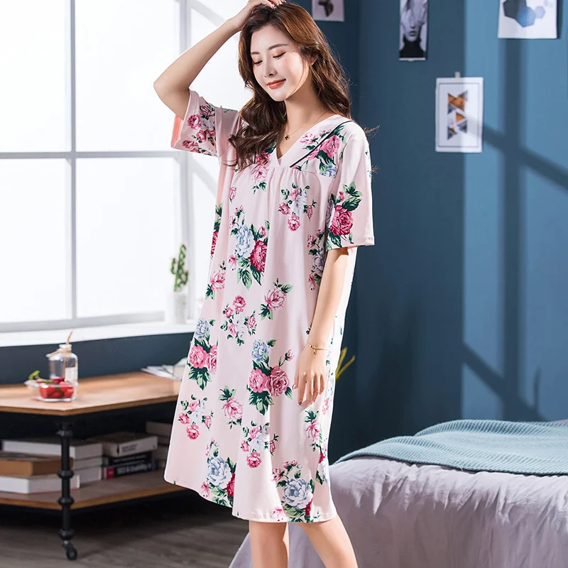 2024 Summer Small Floral Night Dress Women Nightgown Big Yards 3XL Sleepshirts Short-sleeves Nightie Nightdress Cotton Sleepwear