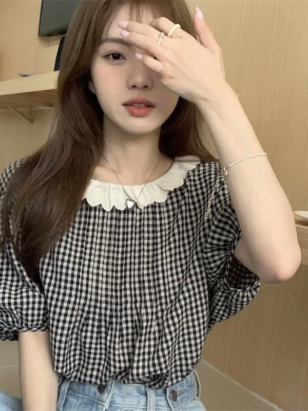 

Chic Beautiful Plaid Doll Collar Short Sleeve Women's Shirt Lace Trim Summer New Style Retro Special Breathable Comfortable Top