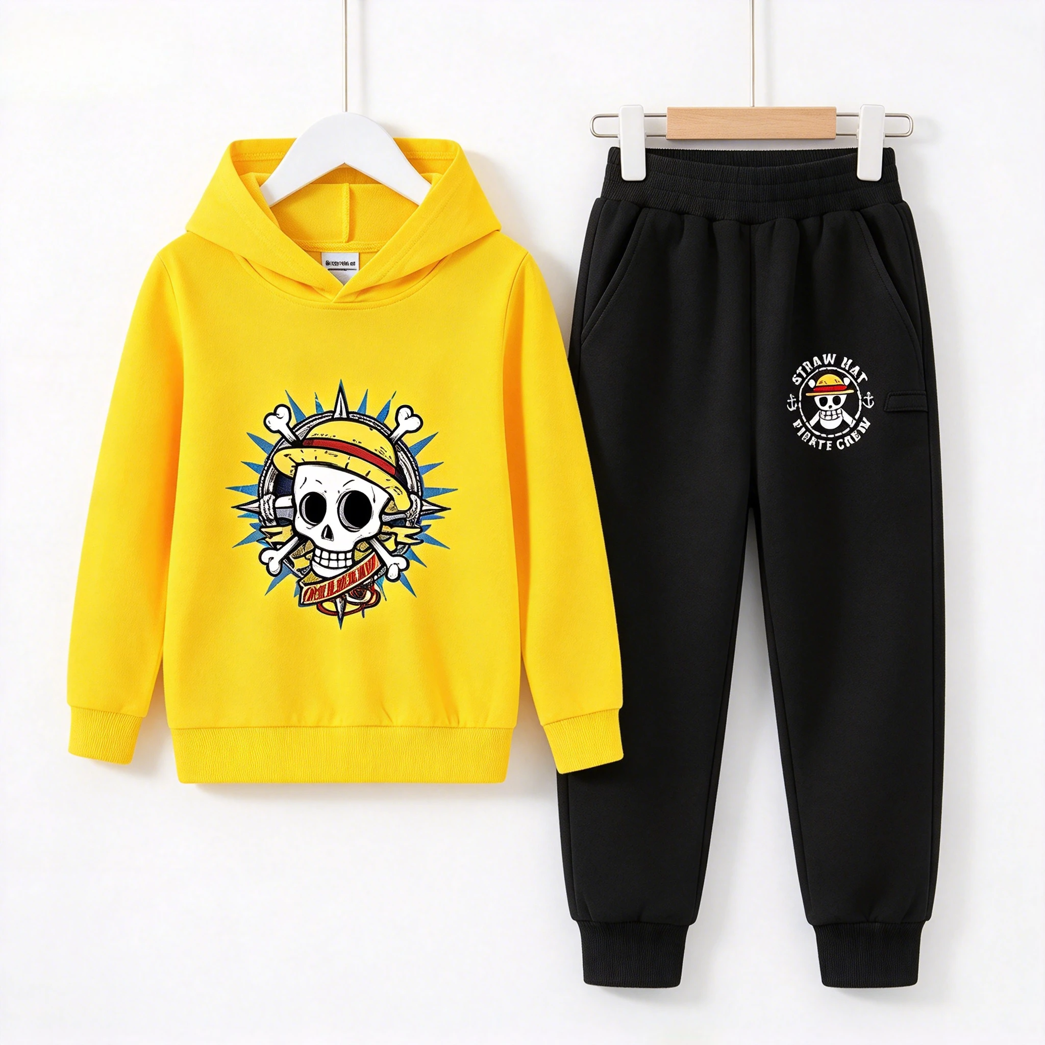 ONE PIECE LUFFY BOY Hooded Sweatshirt 2pcs Set Anime Clothes Suit Children Cartoon Pullover Sweatshirt Fashion Kid Clothing Tops