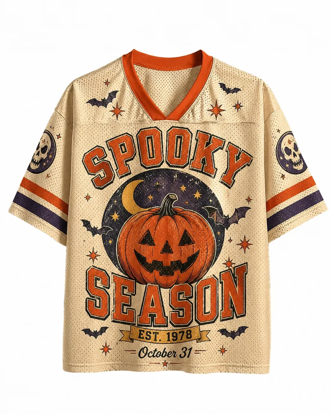 Halloween Jersey, Jack-o'-lantern Spooky Season Pumpkin Bat Skull Crescent Moon 3D Print Unisex Streetwear for Trick or Treat