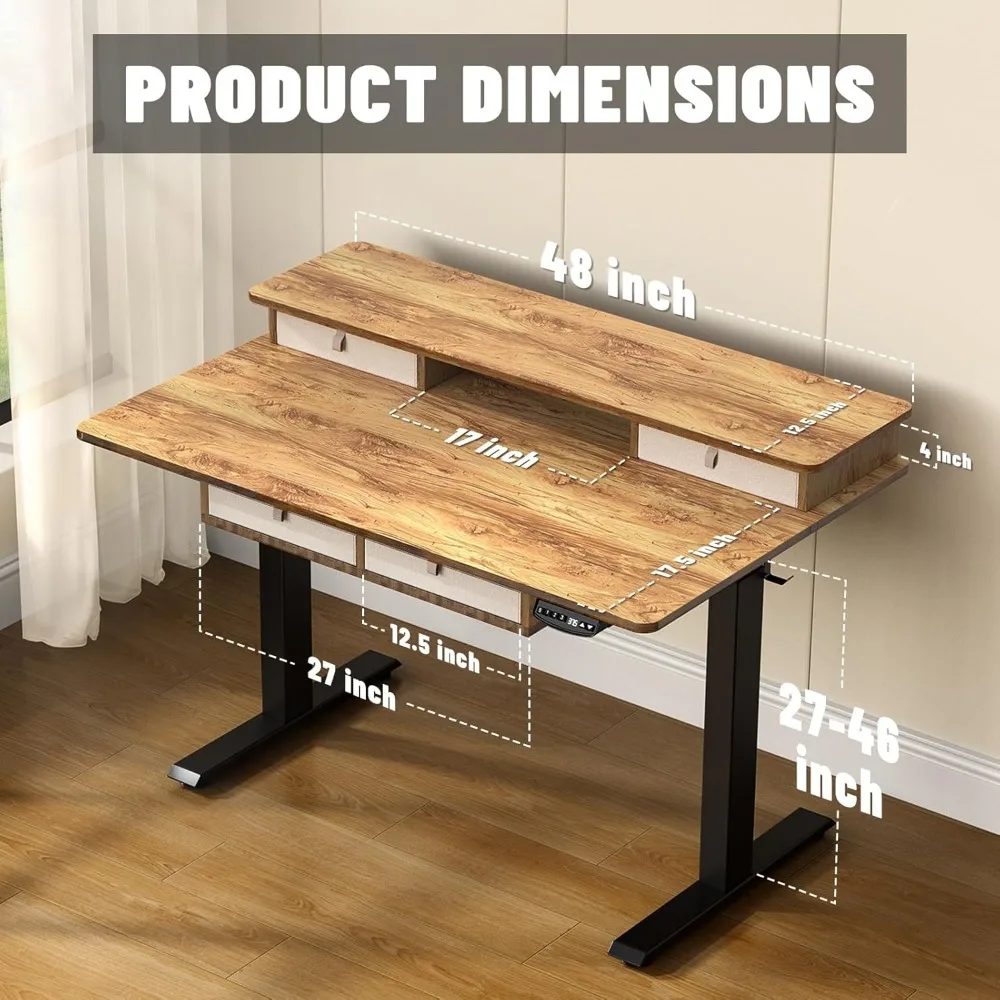 48 * 30 inch elektrisch staand verbreed bureau, in hoogte verstelbaar met 4 laden, dubbele opbergplanken, sta-bureau, thuiskantoor