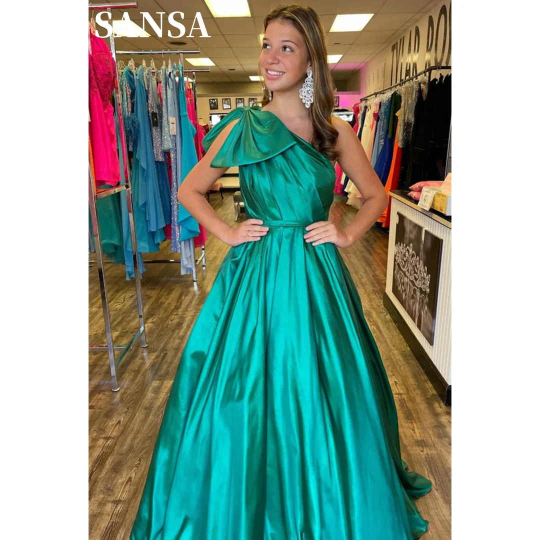 

Sansa Green One Shoulder Prom Dress Bowknot A-line Satin Wedding Dresses Elegant Sleeveless Floor-Length Vestidos De Fiesta 2024