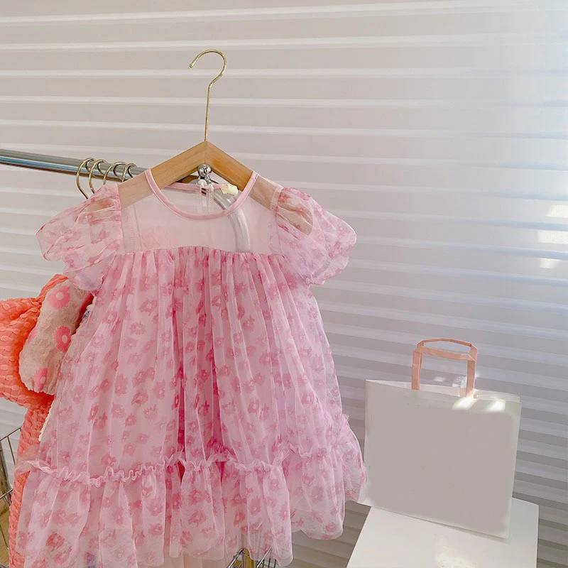 Girls Summer Mesh Dress Outer Wear Children Clothing Baby Kids Clothes Sweet Floral Vestidos Novel Pink Flower Princess Dress