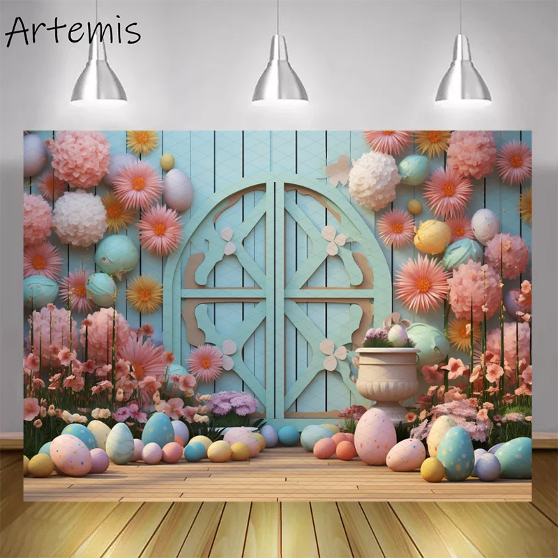 

Easter Photography Backdrop Wooden Fence Easter Decorations Light Blue Baby Children's Birthday Portrait Background Photo Studio