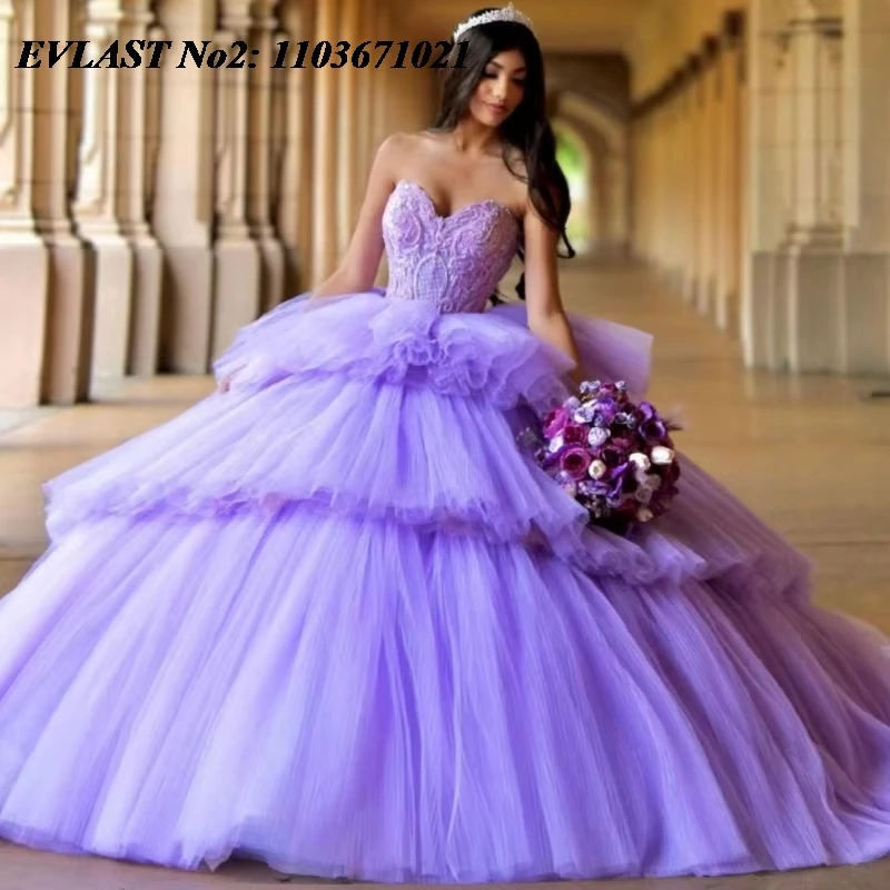 

EVLAST индивидуальное 2026 сиреневое платье Quinceanera с открытыми плечами и аппликацией из кристаллов и бисера, многоуровневое сладкое платье 16, Vestidos De 15 Anos E2QA24