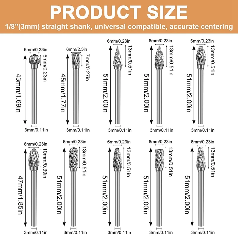 Carbide Double Cut Carving Bits, Rotary Burr Set 1/8 Inch Shank Cutting Burrs Tool For Grinder Drill, Wood-Working