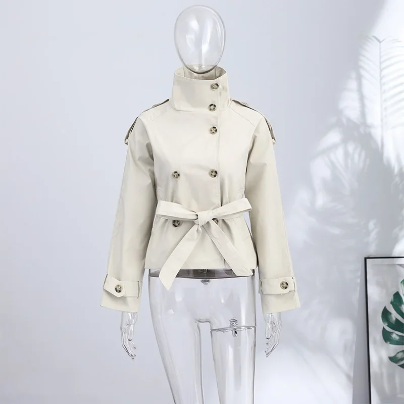 Frühlings-Damen-Trenchcoat mit Schnürung, Stehkragen, Doppelreihiger Knopfverschluss, Stilvolle Neue Damen-Jacke mit Langen Ärmeln, Streetwear-Oberbekleidung – Detail 8