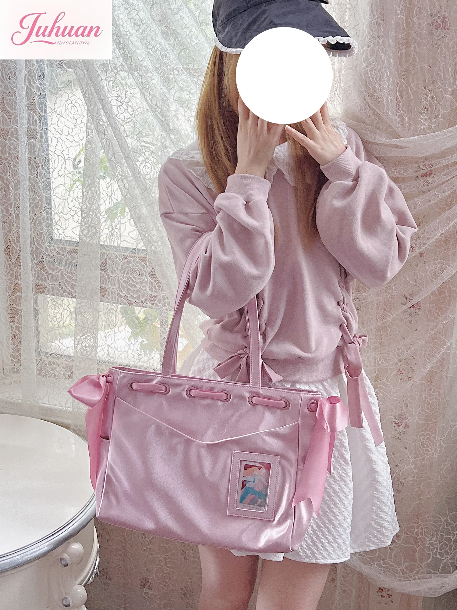 Japanese Sweet Ballet Satin Lolita Tote Lta Bag Women's 14-inch Large-capacity Ribbon Bow Removable Shoulder Bags for  Women