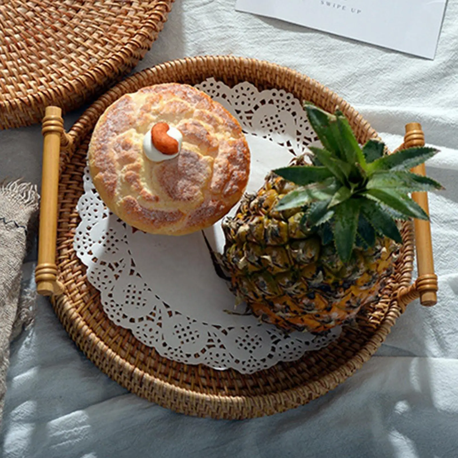 Hand-Woven Basket Storage Tray with Handles Food Tea Decorative