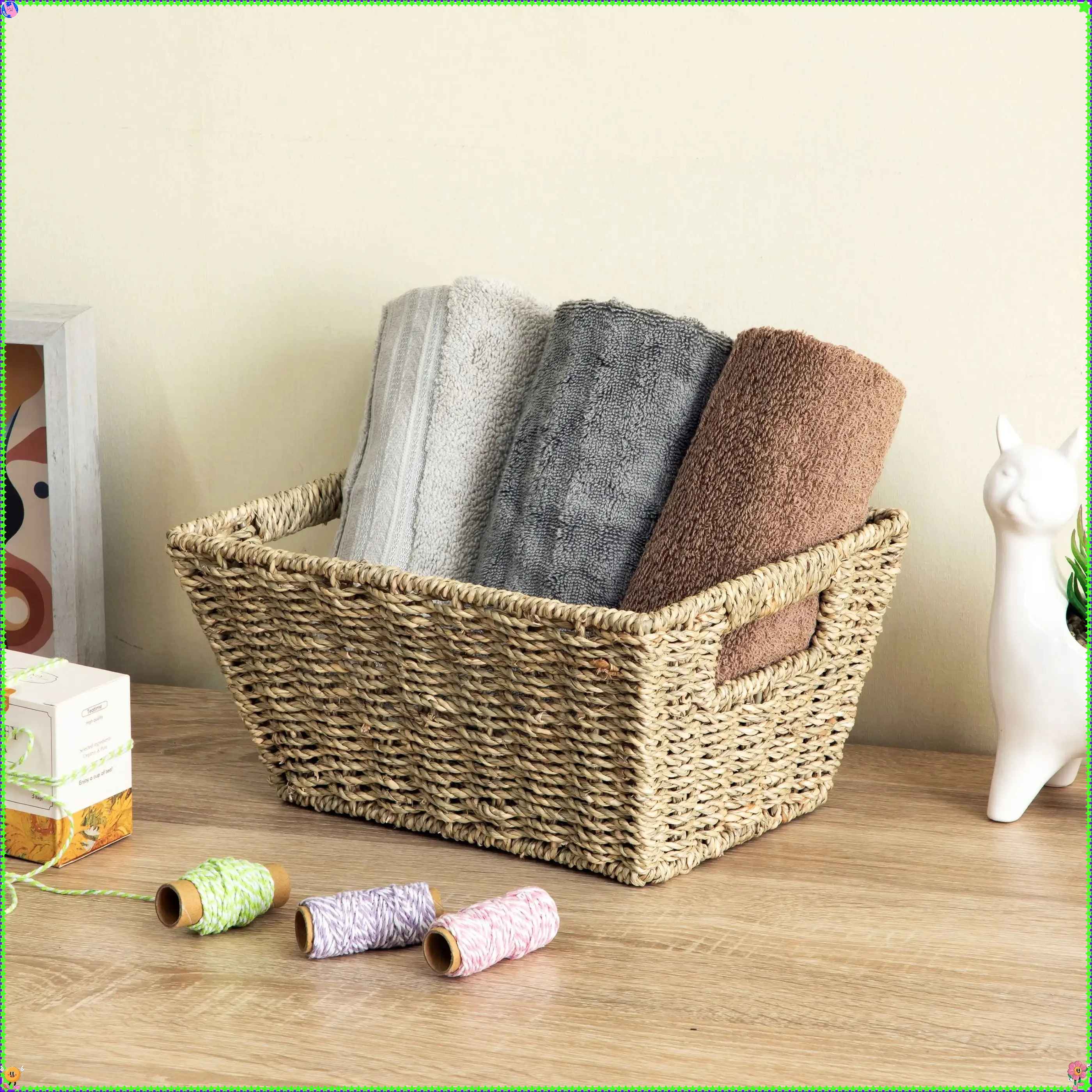 Cesta de algas marinas tejida a mano natural, rectangular, color natural versátil tejido a mano, cesta de regalo, color natural versátil