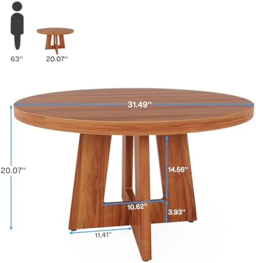 31.4-Inch Wood Circle Coffee Table with Cross Base, Round Accent Center Table for Living Room Home Office