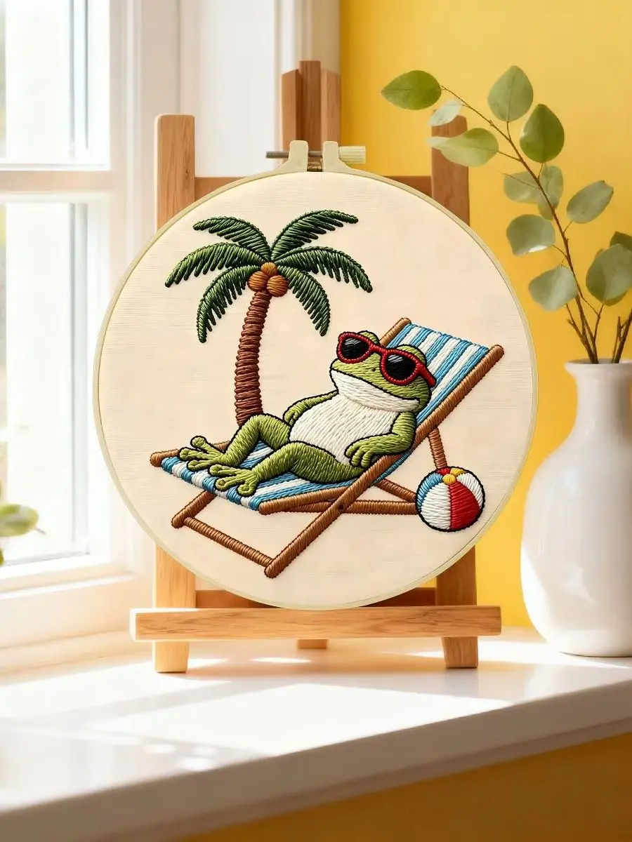 1 Stück 20X20CM/15X15CM 7,87/6,3 Zoll „Die Frösche im Urlaub“ Stickerei-Starter-Kit DIY-Kit DIY-Stickerei-Set Handarbeiten Heimdekoration – Detail 6