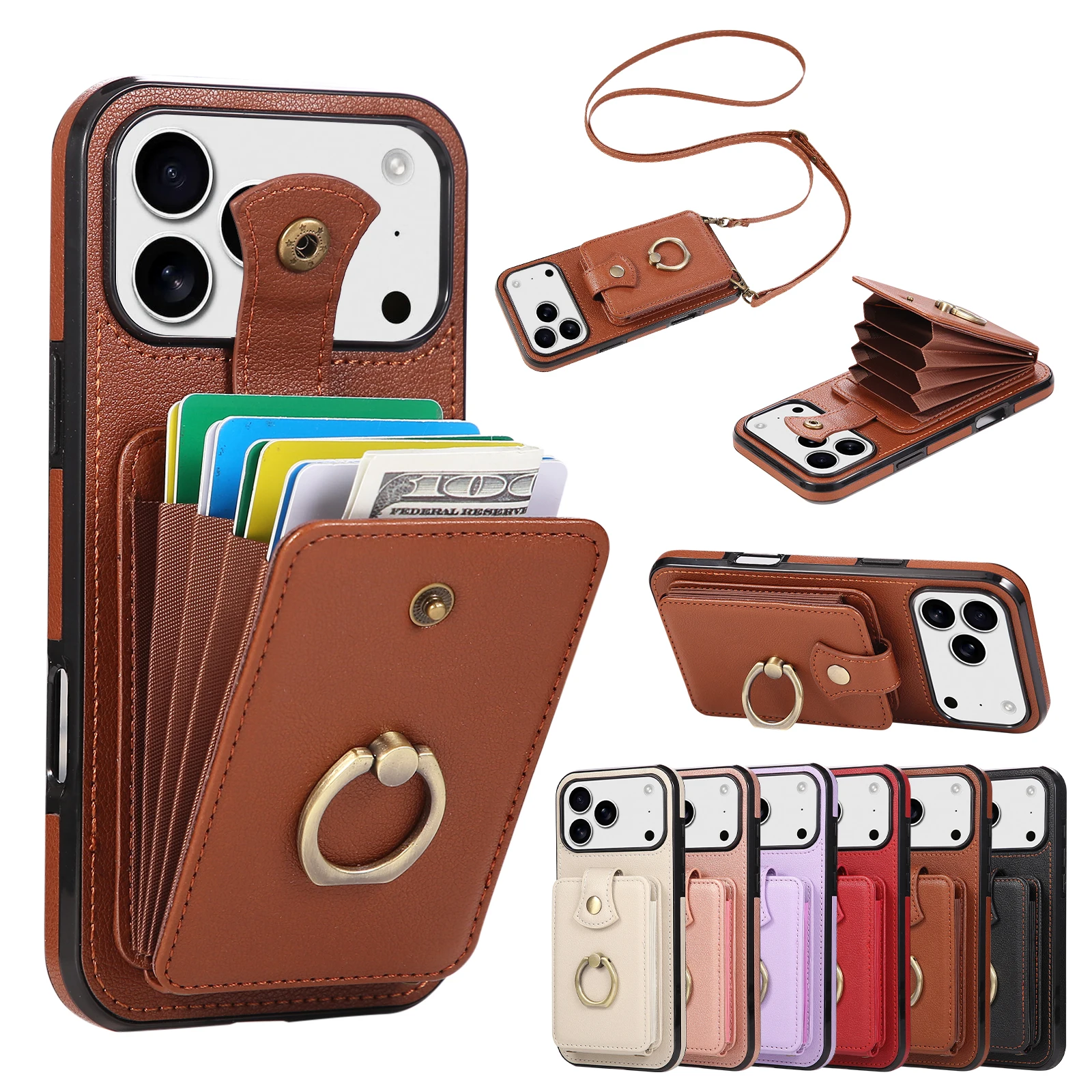 Crossbody Reißverschluss Karte Solt Brieftasche Ledertasche für iPhone 17 Pro Max 16 15 14 13 12 11 Plus 16E Lanyard Tasche Ring Halter Abdeckung