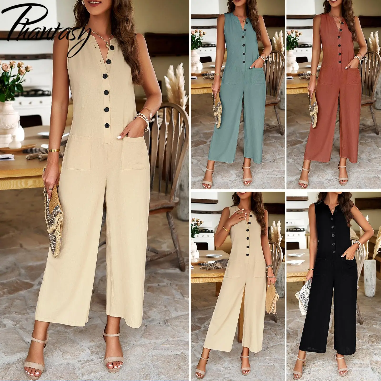 Phantasy Elegant Solid Color Jumpsuit Pants Women Button Fashion Casual Pants Female Pockets Designer Commuting Simple Jumpsuit