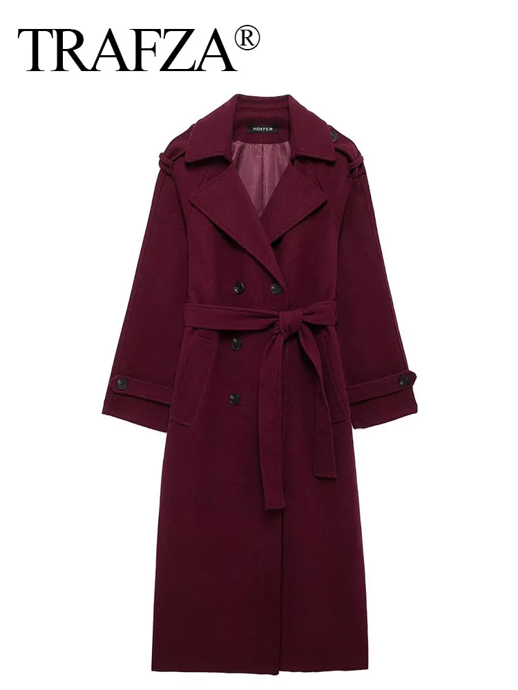 TRAFZA Women Elegant Burgundy Oversize Lapel Coat Belt Wool Blend Double Breasted Long Sleeve Jacket 2024 Autumn Commute Outwear