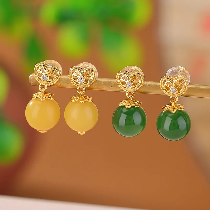 S925 Sterling Silver Gold-Plated Hetian Jade Jasper Amber Heart Round Bead Hollow Drop Earrings