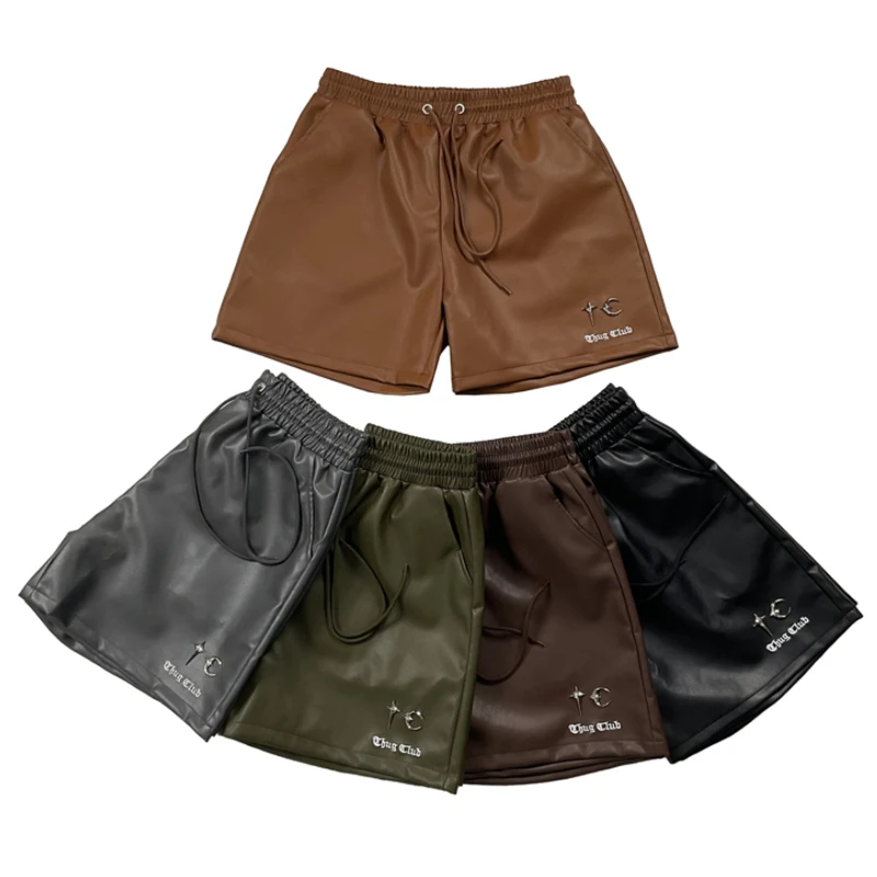 Niche Brand Thug Club Shorts Summer Retro Casual Metal Logo High Quality THUG CLUB Leather Shorts